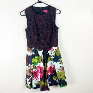 TRINA TURK Emmalee Mixed Prints Lace Top Pleated Skirt Pockets Dress, Size 2